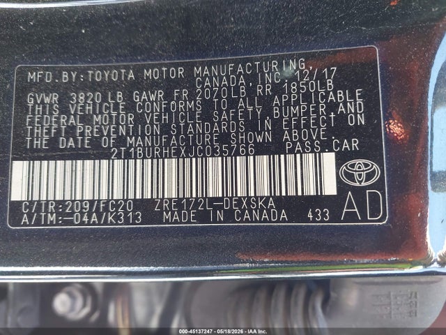 45137247 :رقم المزاد ، 2T1BURHEXJC035766 vin ، 2018 Toyota Corolla Se مزاد بيع