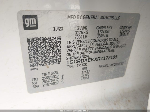 Aukcja sprzedaży 2024 Chevrolet Silverado 1500 4wd  Standard Bed Wt, vin: 1GCRDAEKXRZ172105, numer aukcji: 45137248
