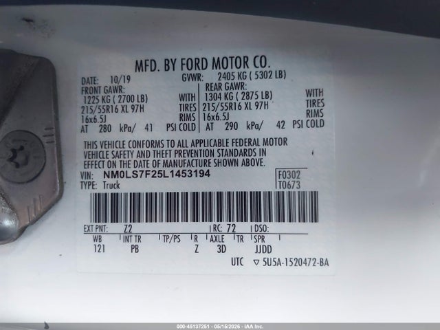 Aukcja sprzedaży 2020 Ford Transit Connect Xlt, vin: NM0LS7F25L1453194, numer aukcji: 45137251