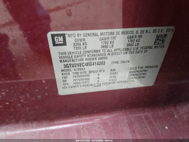 Aukcja sprzedaży 2014 Gmc Sierra 1500 Slt, vin: 3GTU2VEC4EG414283, numer aukcji: 45137252