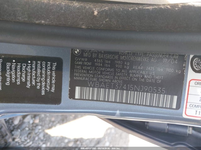 45137255 :رقم المزاد ، WBAET37415NJ90535 vin ، 2005 Bmw 325i مزاد بيع