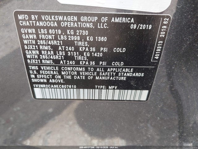 Aukcja sprzedaży 2019 Volkswagen Atlas 3.6l V6 Sel Premium, vin: 1V2NR2CA9KC607610, numer aukcji: 45137266