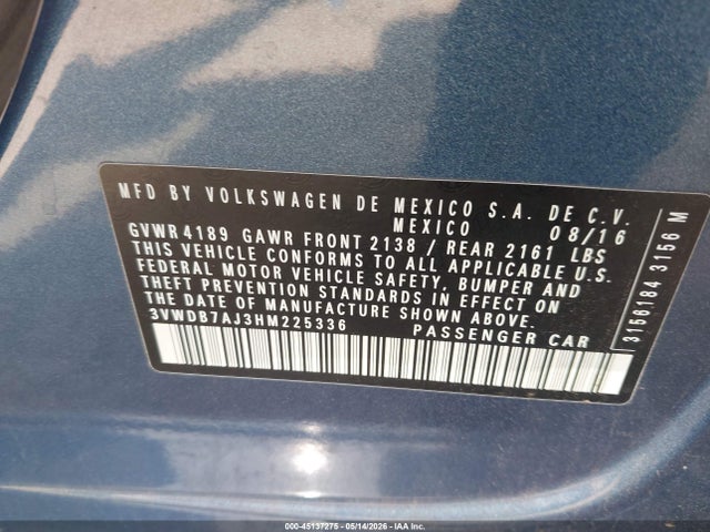 Aukcja sprzedaży 2017 Volkswagen Jetta 1.4t Se, vin: 3VWDB7AJ3HM225336, numer aukcji: 45137275