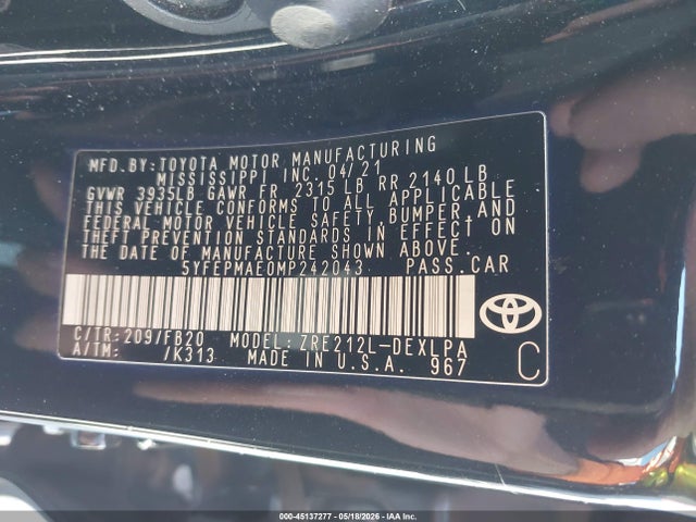 2021 Toyota Corolla Le მანქანა იყიდება აუქციონზე, vin: 5YFEPMAE0MP242043, აუქციონის ნომერი: 45137277