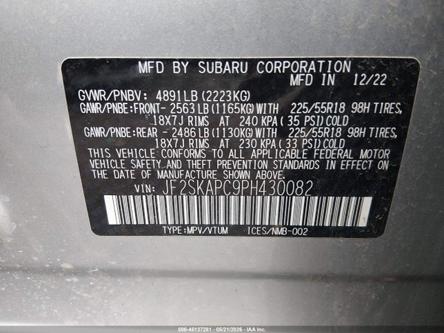 Aukcja sprzedaży 2023 Subaru Forester Limited, vin: JF2SKAPC9PH430082, numer aukcji: 45137281