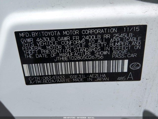 Продажа на аукционе авто 2016 Lexus Is 350, vin: JTHBE1D28G5026756, номер лота: 45137283