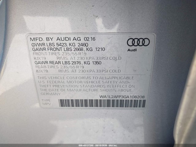 Продажа на аукционе авто 2016 Audi Q5 2.0t Premium, vin: WA1L2AFP3GA108208, номер лота: 45137285