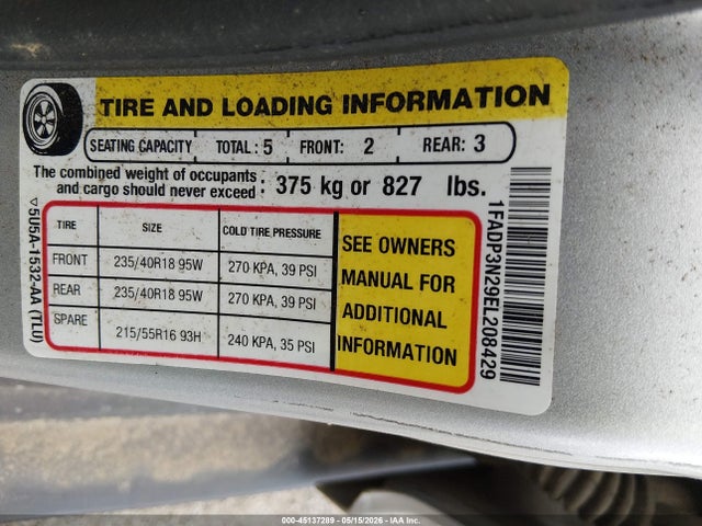 45137289 :رقم المزاد ، 1FADP3N29EL208429 vin ، 2014 Ford Focus Titanium مزاد بيع