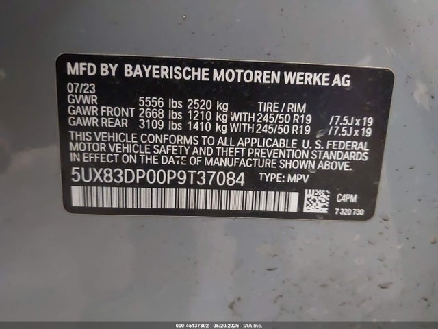 Aukcja sprzedaży 2023 Bmw X3 M40i, vin: 5UX83DP00P9T37084, numer aukcji: 45137302