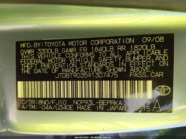 Aukcja sprzedaży 2009 Toyota Yaris, vin: JTDBT903591307475, numer aukcji: 45137307