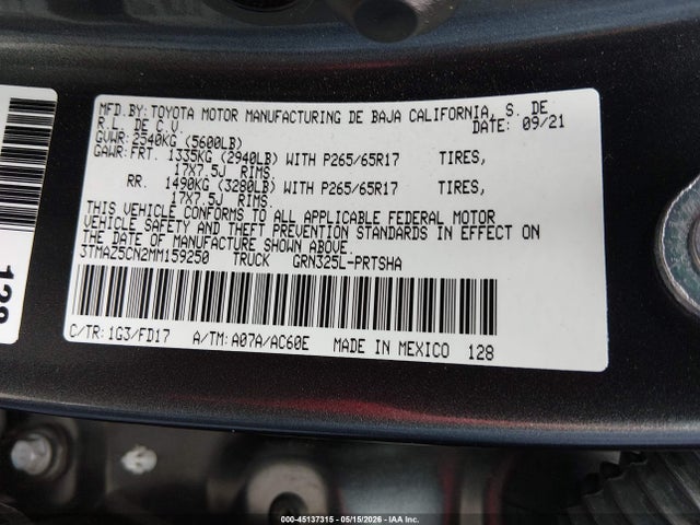 Aukcja sprzedaży 2021 Toyota Tacoma Trd Sport, vin: 3TMAZ5CN2MM159250, numer aukcji: 45137315