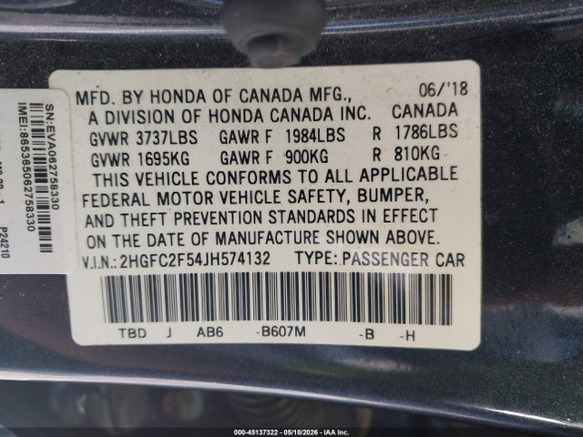 45137322 :رقم المزاد ، 2HGFC2F54JH574132 vin ، 2018 Honda Civic Lx مزاد بيع
