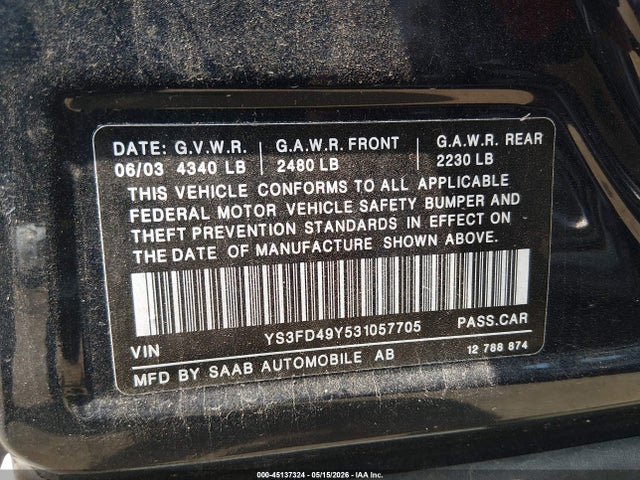 Aukcja sprzedaży 2003 Saab 9-3 Arc, vin: YS3FD49Y531057705, numer aukcji: 45137324
