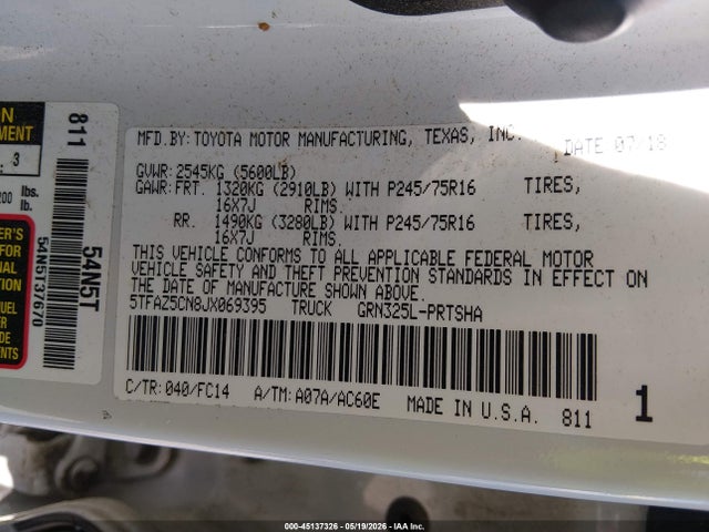 45137326 :رقم المزاد ، 5TFAZ5CN8JX069395 vin ، 2018 Toyota Tacoma Sr5 V6 مزاد بيع