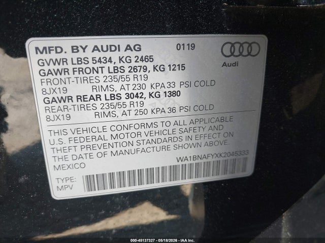 45137327 :رقم المزاد ، WA1BNAFYXK2045333 vin ، 2019 Audi Q5 45 Premium مزاد بيع