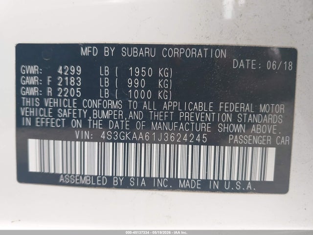 45137334 :رقم المزاد ، 4S3GKAA61J3624245 vin ، 2018 Subaru Impreza 2.0i مزاد بيع