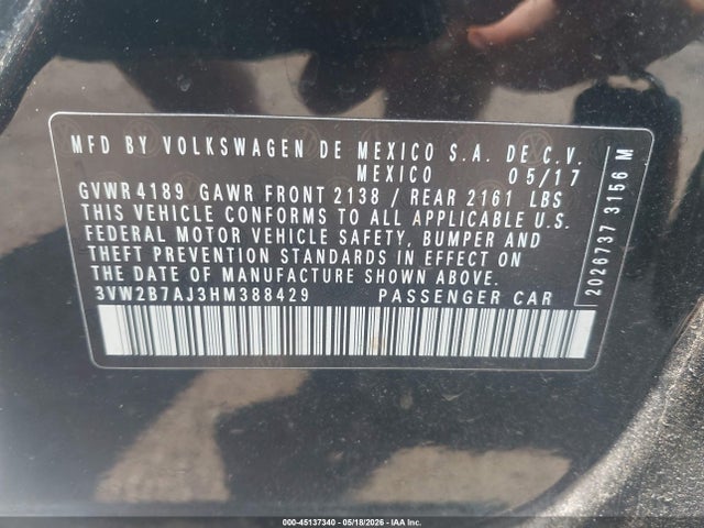 Aukcja sprzedaży 2017 Volkswagen Jetta 1.4t S, vin: 3VW2B7AJ3HM388429, numer aukcji: 45137340