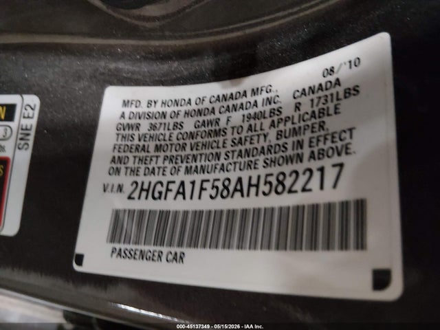 Aukcja sprzedaży 2010 Honda Civic Lx, vin: 2HGFA1F58AH582217, numer aukcji: 45137349