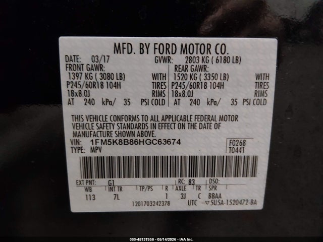 1FM5K8B86HGC63674 Ford Explorer