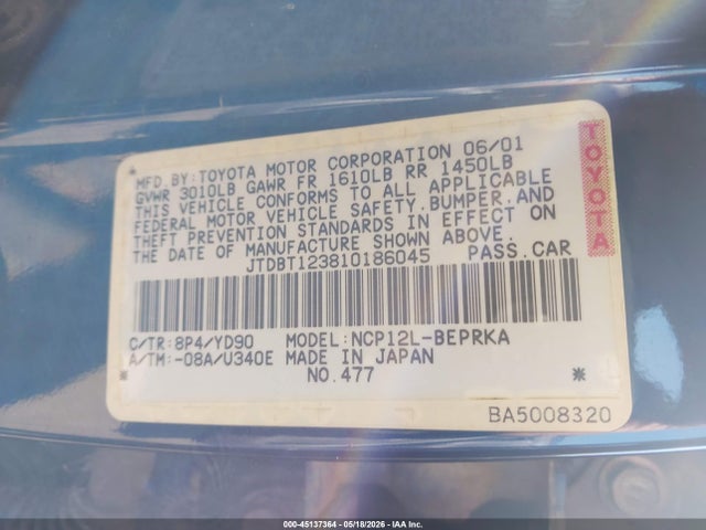 Aukcja sprzedaży 2001 Toyota Echo, vin: JTDBT123810186045, numer aukcji: 45137364