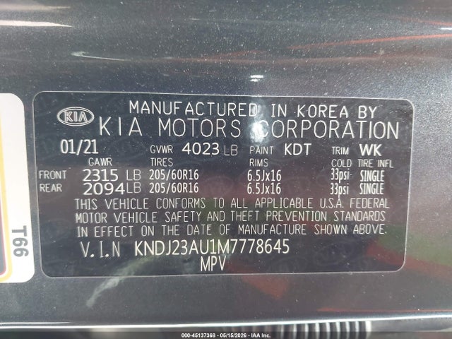 2021 Kia Soul Lx მანქანა იყიდება აუქციონზე, vin: KNDJ23AU1M7778645, აუქციონის ნომერი: 45137368