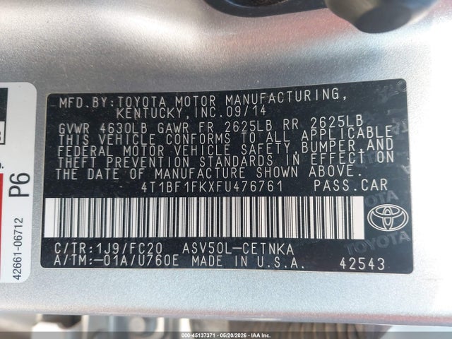 45137371 :رقم المزاد ، 4T1BF1FKXFU476761 vin ، 2015 Toyota Camry Le مزاد بيع