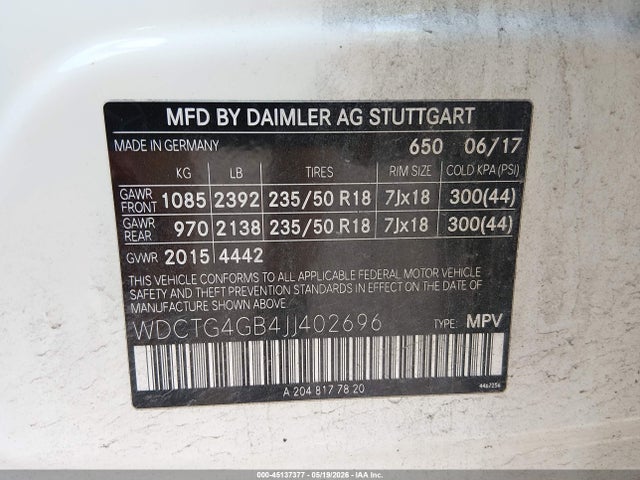 45137377 :رقم المزاد ، WDCTG4GB4JJ402696 vin ، 2018 Mercedes-benz Gla 250 4matic مزاد بيع