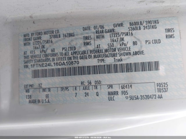 Продаж на аукціоні авто 2006 Ford E-250 Commercial/recreational, vin: 1FTNE24L16DA10870, номер лоту: 45137379