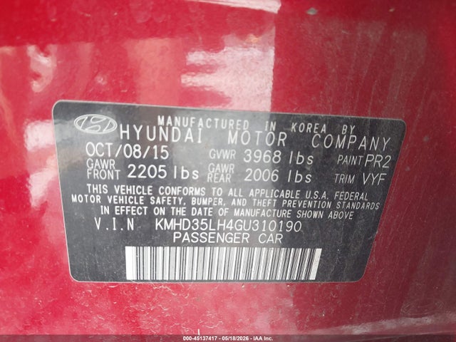 KMHD35LH4GU310190 Hyundai ELANTRA GT