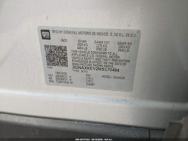 45137423 :رقم المزاد ، 3GNAXKEV2MS170494 vin ، 2021 Chevrolet Equinox Fwd Lt مزاد بيع