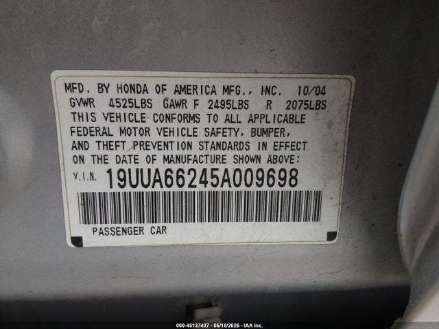 45137437 :رقم المزاد ، 19UUA66245A009698 vin ، 2005 Acura Tl مزاد بيع