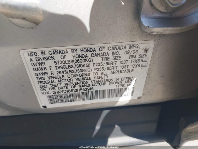 2003 Acura Mdx მანქანა იყიდება აუქციონზე, vin: 2HNYD18613H552915, აუქციონის ნომერი: 45137454