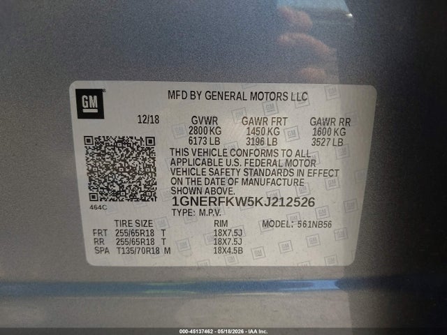 45137462 :رقم المزاد ، 1GNERFKW5KJ212526 vin ، 2019 Chevrolet Traverse Ls مزاد بيع
