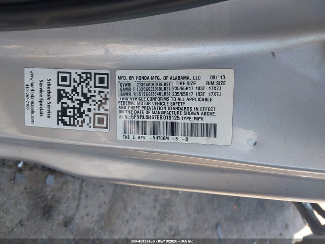 2014 Honda Odyssey Ex-l მანქანა იყიდება აუქციონზე, vin: 5FNRL5H67EB019125, აუქციონის ნომერი: 45137480