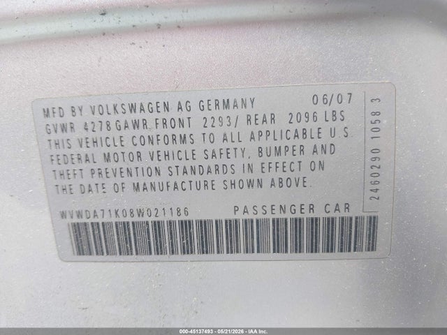2008 Volkswagen Rabbit S მანქანა იყიდება აუქციონზე, vin: WVWDA71K08W021186, აუქციონის ნომერი: 45137493
