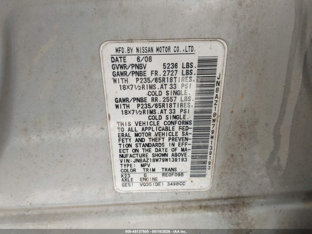 Aukcja sprzedaży 2009 Nissan Murano Sl, vin: JN8AZ18W79W139193, numer aukcji: 45137500