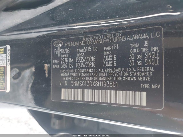 Продаж на аукціоні авто 2008 Hyundai Santa Fe Gls, vin: 5NMSG13DX8H193861, номер лоту: 45137505