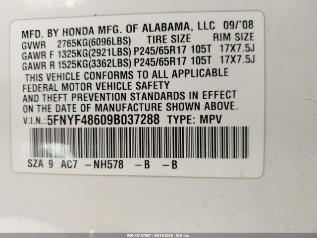 2009 Honda Pilot Ex-l მანქანა იყიდება აუქციონზე, vin: 5FNYF48609B037288, აუქციონის ნომერი: 45137507