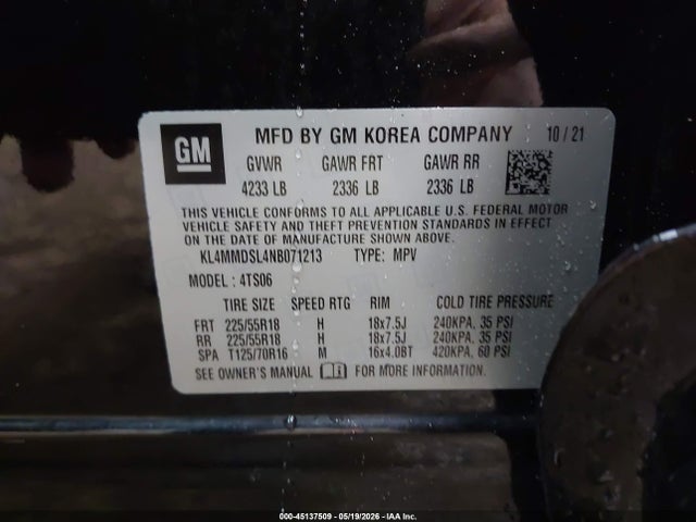 45137509 :رقم المزاد ، KL4MMDSL4NB071213 vin ، 2022 Buick Encore Gx Fwd Select مزاد بيع