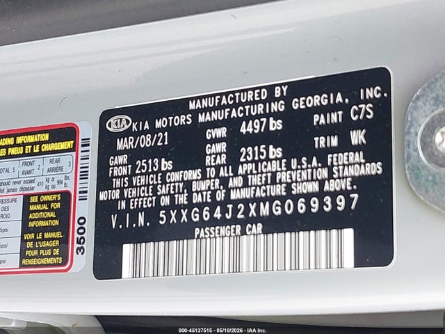 Aukcja sprzedaży 2021 Kia K5 Gt-line, vin: 5XXG64J2XMG069397, numer aukcji: 45137515