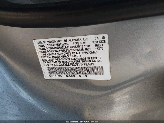Auction sale of the 2010 Honda Odyssey Ex-l, vin: 5FNRL3H62AB103061, lot number: 45137516