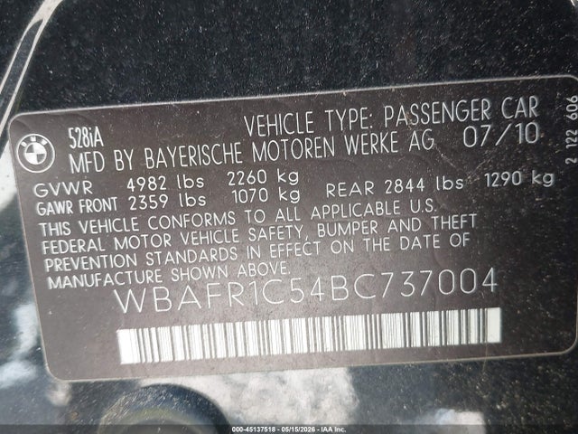 Продаж на аукціоні авто 2011 Bmw 528i, vin: WBAFR1C54BC737004, номер лоту: 45137518