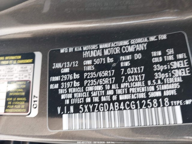 Aukcja sprzedaży 2012 Hyundai Santa Fe Gls, vin: 5XYZGDAB4CG125818, numer aukcji: 45137520