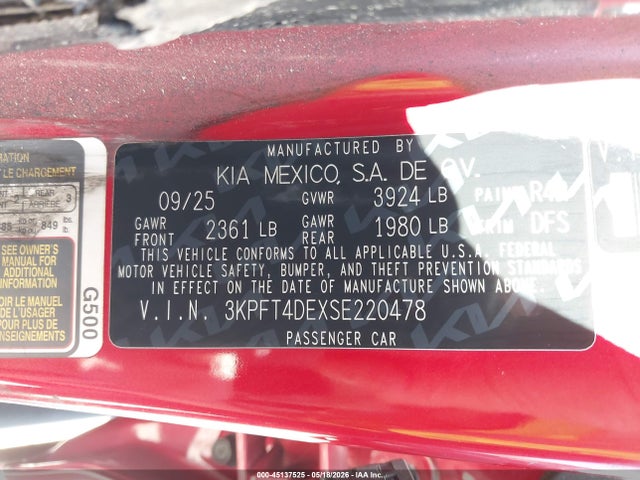 Aukcja sprzedaży 2025 Kia K4 Lxs, vin: 3KPFT4DEXSE220478, numer aukcji: 45137525