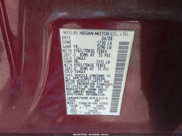 Продажа на аукционе авто 2008 Nissan Frontier Se, vin: 1N6AD07U48C441624, номер лота: 45137529