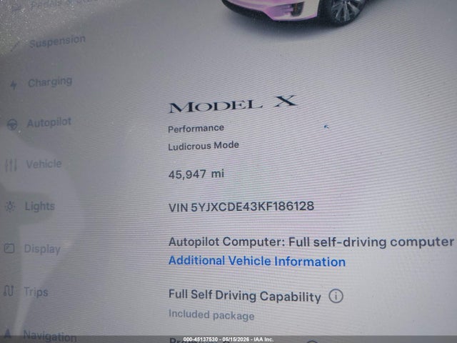 45137530 :رقم المزاد ، 5YJXCDE43KF186128 vin ، 2019 Tesla Model X P100d/performance مزاد بيع