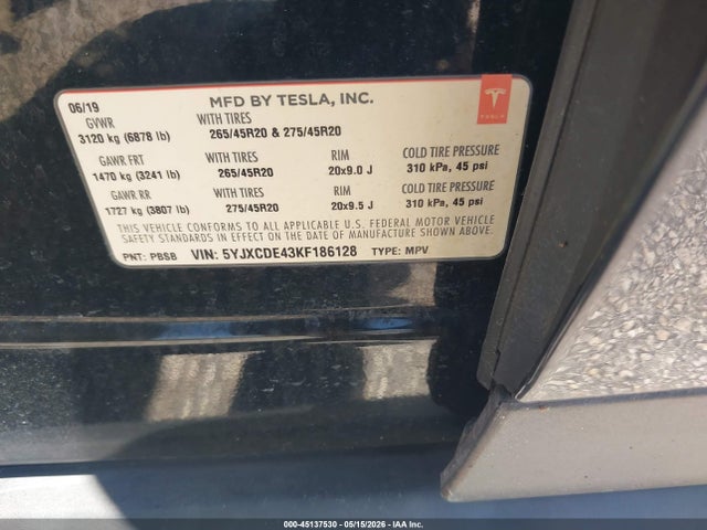 45137530 :رقم المزاد ، 5YJXCDE43KF186128 vin ، 2019 Tesla Model X P100d/performance مزاد بيع