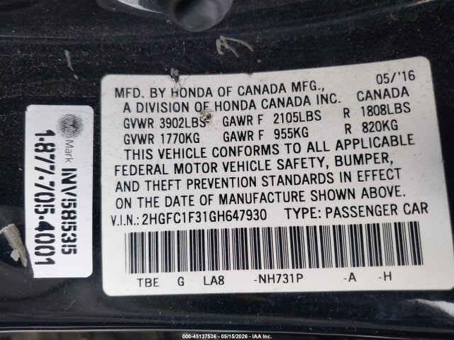 2HGFC1F31GH647930 Honda Civic Ex-t