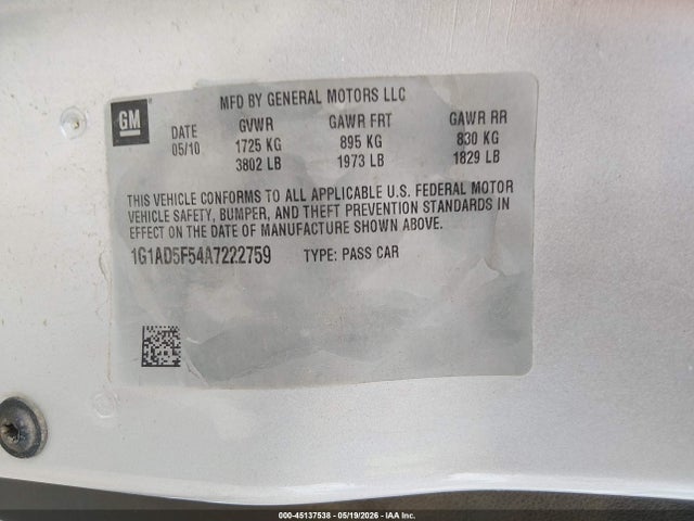 Продаж на аукціоні авто 2010 Chevrolet Cobalt Lt, vin: 1G1AD5F54A7222759, номер лоту: 45137538