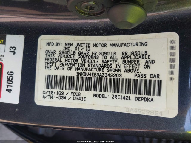 Продаж на аукціоні авто 2010 Toyota Corolla Le, vin: 1NXBU4EE3AZ342203, номер лоту: 45137547